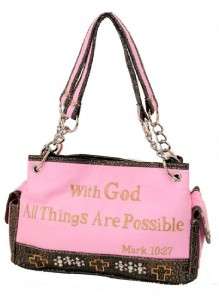 Pink With God Cross All Things Are Possible Bible Vs Western Handbag 