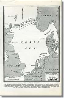 1920 British American Minefield Map of North Sea in WWI  