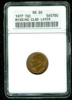 Error 1977 Roosevelt Dime Missing Clad Layer ANACS MS60  