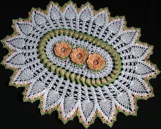 NEW LIGHT PEACH ROSES AND PINEAPPLE CROCHET DOILY, OVAL  