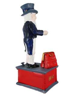 Hand Painted UNCLE SAM Cast Iron Mechanical Bank Money  