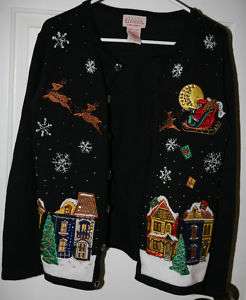 Ugly Christmas Sweater Jumper Sz S Santa Flying Over Village  