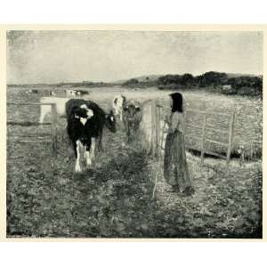 com 1898 Print Changing Pastures Cow Cattle Shepherd Landscape Woman 