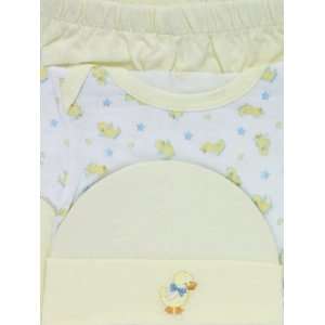 PIE Baby Yellow Cotton Pants, Bodysuit & Cap Set with Embroidered Duck 