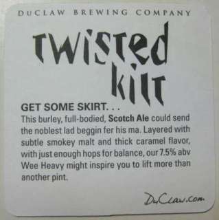 TWISTED KILT SCOTCH ALE Beer COASTER, Mat, DuClaw Brewing, MARYLAND 