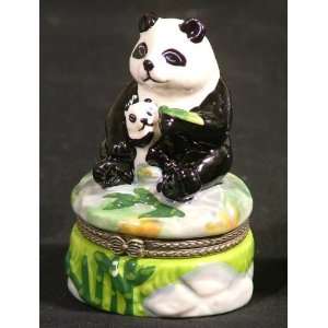 Giant Panda Bear & Baby Cub Bamboo Porcelain Hinged Trinket Box phb