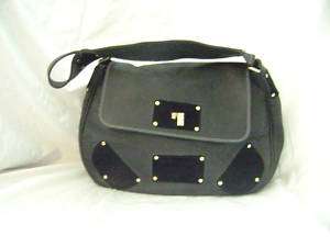 Black leather fur Lambertson Truex studded handbag  