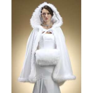  Mid Length Hooded Satin Bridal Cloak with Faux Angora Trim 