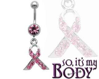 BREAST CANCER AWARENESS PINK CZs DANGLE BELLY RING  