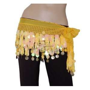  Belly Dance Hip Scarf Yellow, Gold Coins Lively Style, 100 