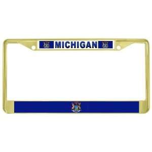   Mi State Flag Gold Tone Metal License Plate Frame Holder Automotive