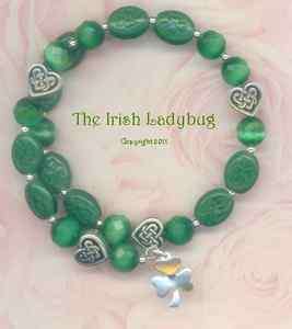 IRISH silver Heart Celtic Knot Lucky SHAMROCK Coil BRACELET  