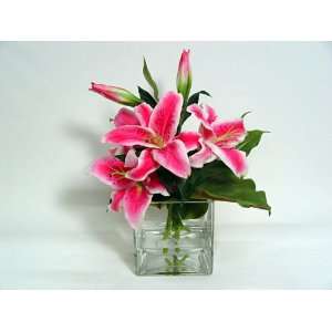   Lily and Foliage in Square Vase with Acrylic Water