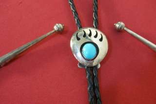 NAVAJO STERLING & TURQUOISE BEAR CLAW DESIGN BOLO TIE  