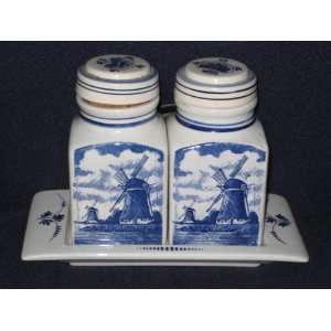 Vintage Delft Holland Porcelain   Condiment Canister Jar Set w/ Tray 