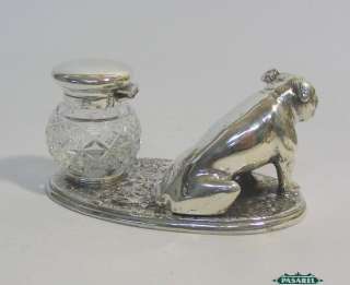 Novelty English Silver Plated And Cut Glass Bulldog Inkwell Ink Stand 