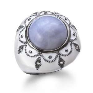  Blue Lace Agate Cocktail Ring with Whi Enamel CHELINE 
