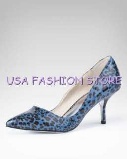 NIB BEBE Olivia Leopard Kitten Heel shoes pump blue 7  