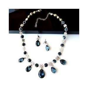  Bluish Sapphire Colored Crystal Earring Necklace Set (Clip 
