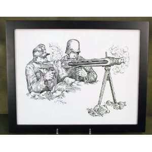   Military Illustrations Signed by Artist German WWII MG 42 Firing Team