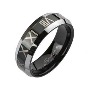 Size 9  Spikes Mens Tungsten Carbide Black IP Roman Numerals Band Ring