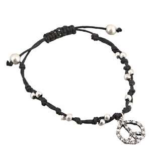 Black Cord Chinese Knot Bracelet with Clear Oxidized Silver Beads and 