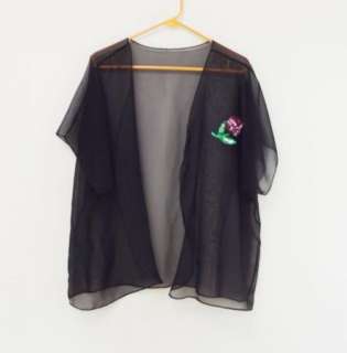 Vtg 70s Black Sheer Sequin Flower Blouse Jacket sz XL  