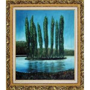  Tall Trees in center of Water Oil Painting, with Ornate 