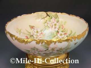 LIMOGES H PAINTED ROSES & BUMBLEBEES PUNCH BOWL + STAND  