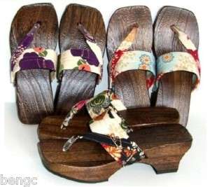 Japanese Modern Geta Sandals Burnt Kiri Wood Kimono Fabric Sz S (6 7 