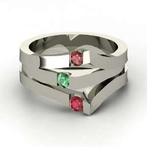  Gem Peak Ring, Round Emerald Sterling Silver Ring with Red 