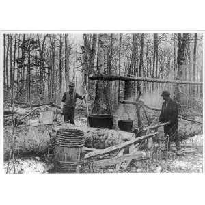  Sugaring off in a grove of sugar maples,two men,pots