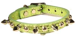 Spikes & Studs Metallic Lime Green Leather Dog Collar  