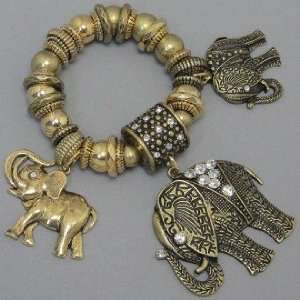  Stretchable Elephant Bracelet, Gold Tone, Chunky Big 