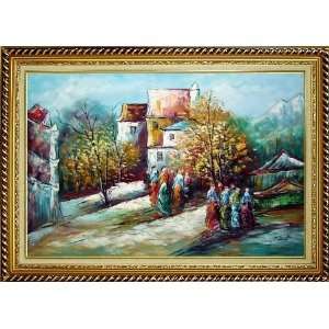  Ladies at Rural Village Street in Sunny Day Oil Painting 
