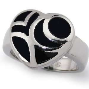  Stainless Steel Womens Heart Ring with Black Resin Inlay 