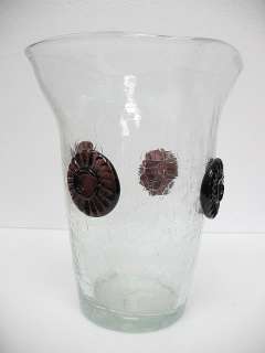 Vintage Blenko Glass Crackle Vase Purple Rosettes Mid Century Modern 