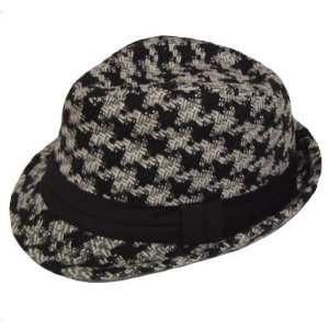  FEDORA TRILBY POLY HAT BLACK WHITE HOUNDSTOOTH LARGE XL 