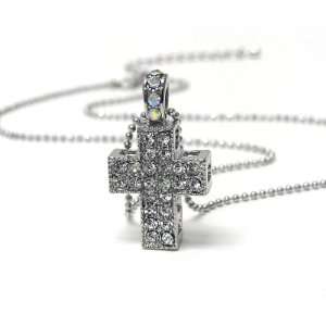   Covered Cross Charm Necklace on Facet Ball Silver Tone Chain Jewelry