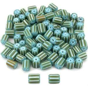  Green & White Chevron Glass Beads Beading Approx 100