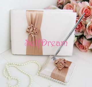 GB04 Ivory with champagne Wedding Guest Book & Pen Set  