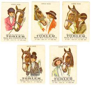 POSTER STAMPS (5) TOBLER CHOCOLATE WOMEN & HORSE HEADS  