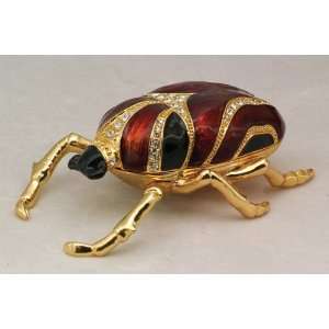 Brown Bug Jewelry Box Enameled Pewter Bejeweled with Austrian Crystals 