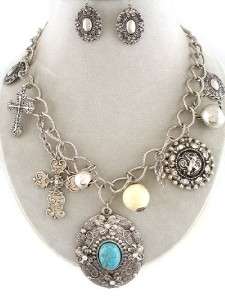 Chunky Western Cross Charms Stones Beads Necklace and Earrings Set 
