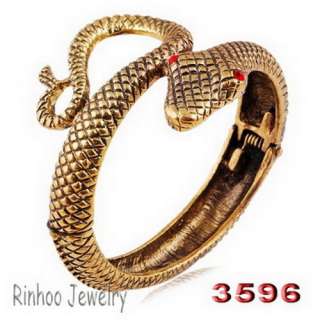 Red Eye Cobra Snake Animal Circle Antique Copper Jewelry Cuff Bangle 