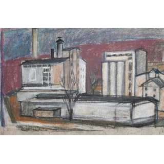 EXPRESSIONIST PASTEL PAINTING FACTORY CITYSCAPE SIGNED  