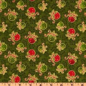  44 Wide Seasons Greetings Tossed Ornaments Olive Fabric 