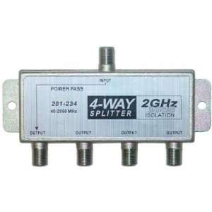  NEW F Pin (Coax) Splitter, 4 way, 2 GHz 90dB, 1 DC Passing 