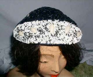 Darling Clam Shaped 1950 Shiney Straw Hat w White Beads  