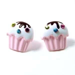 Pink Cupcake Cup Cake Crystal Stud Earrings  